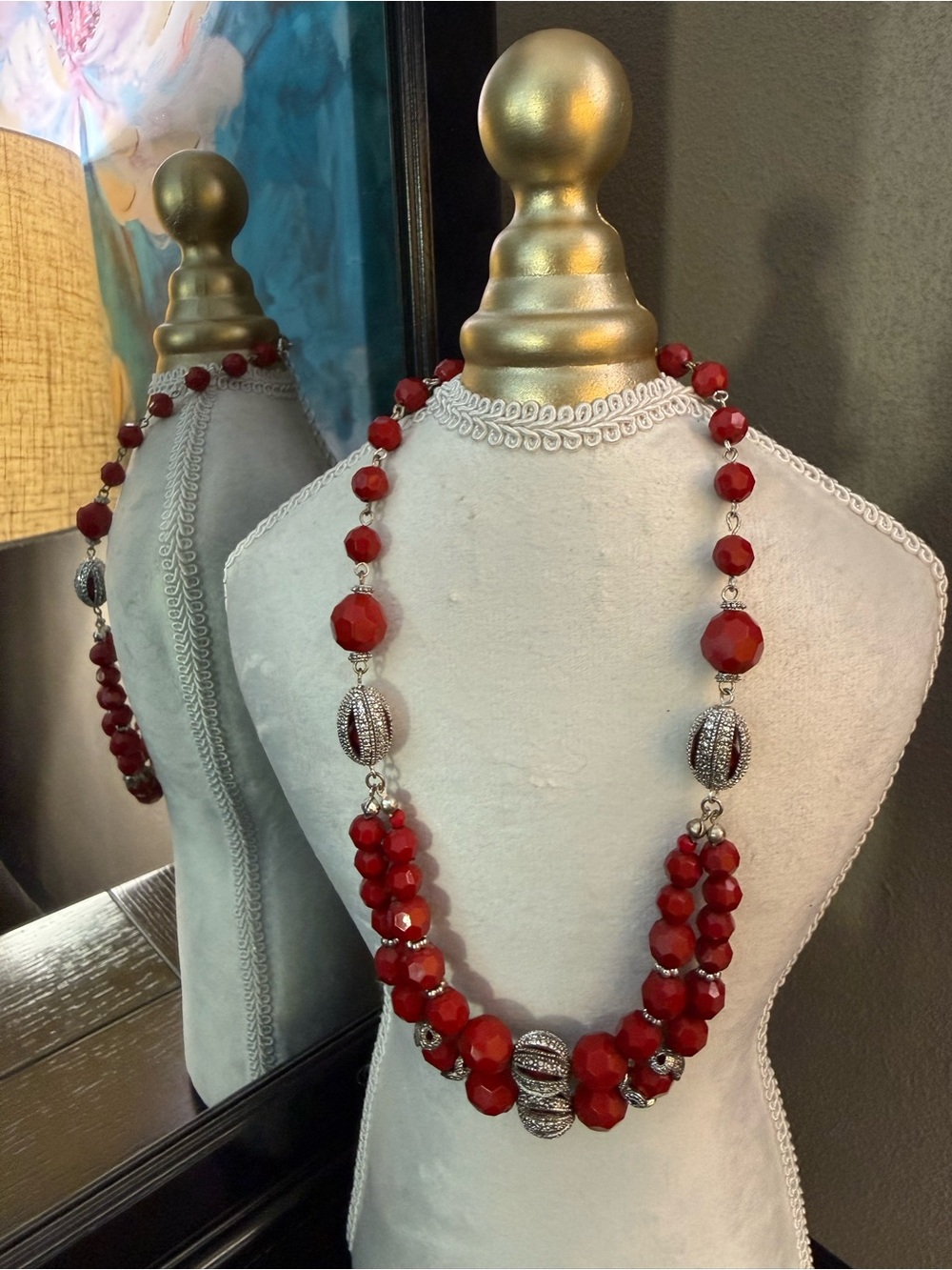 Vintage Red Beaded Necklace with Silver Rhinestone Accents